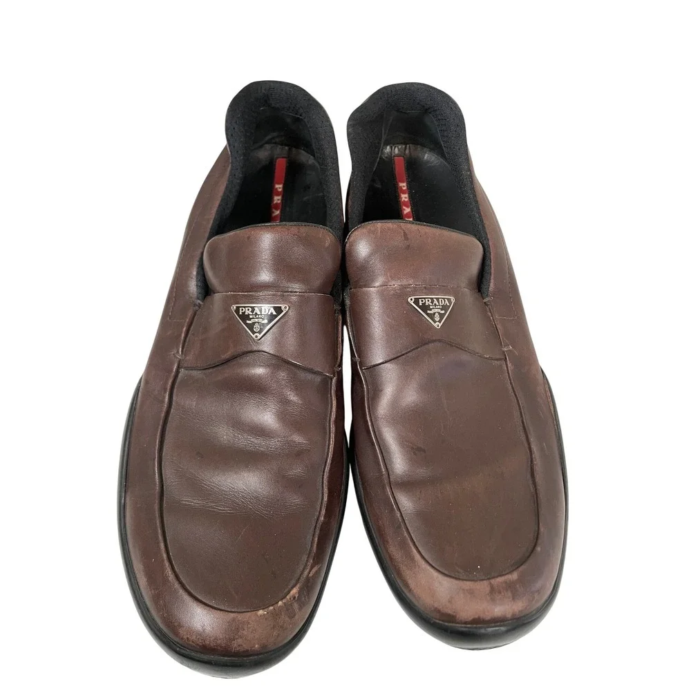 Prada Loafers Men's 11 Brown Leather Triangle Logo Slip On Shoes 4D 1029